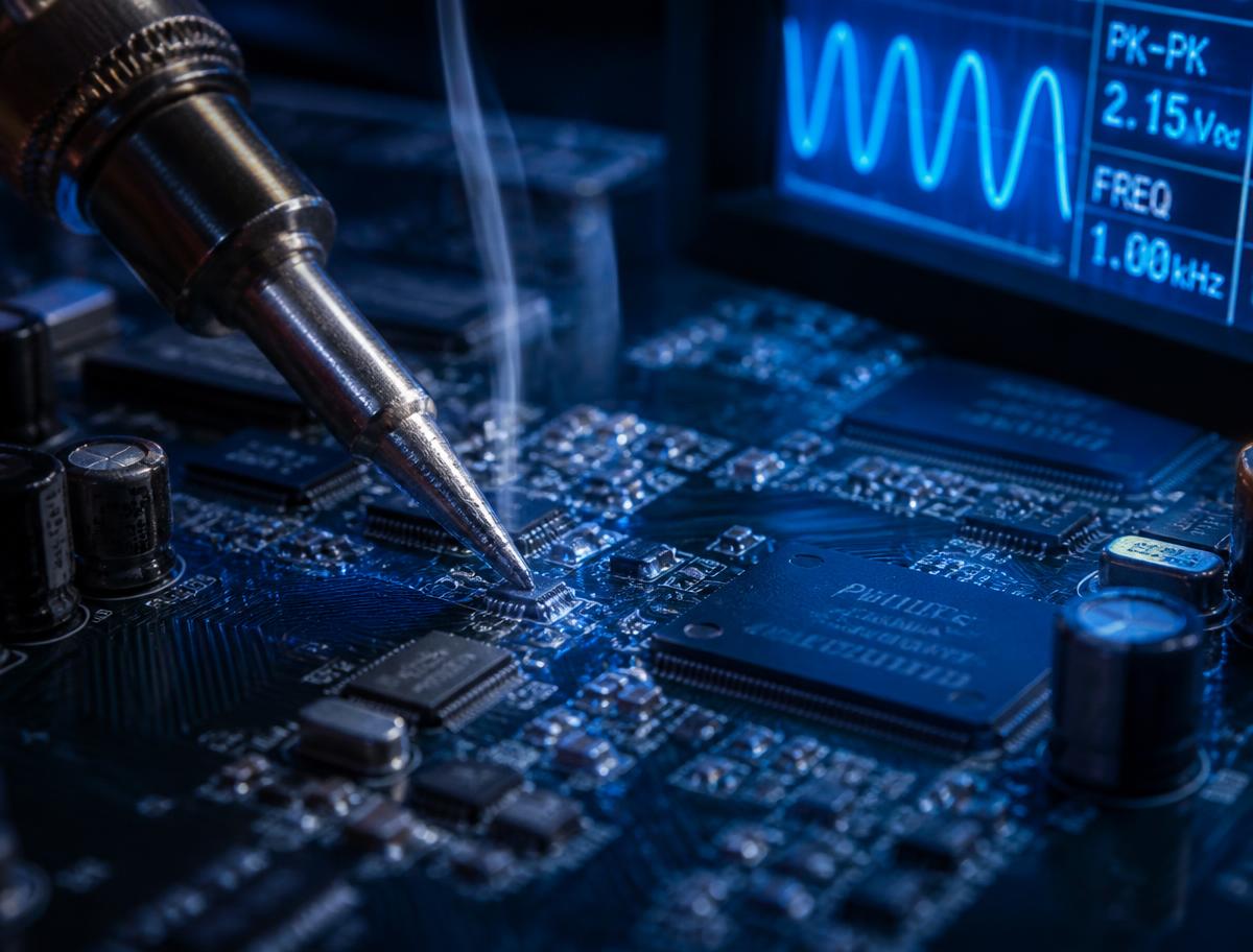 Circuit board being soldered during a television repair