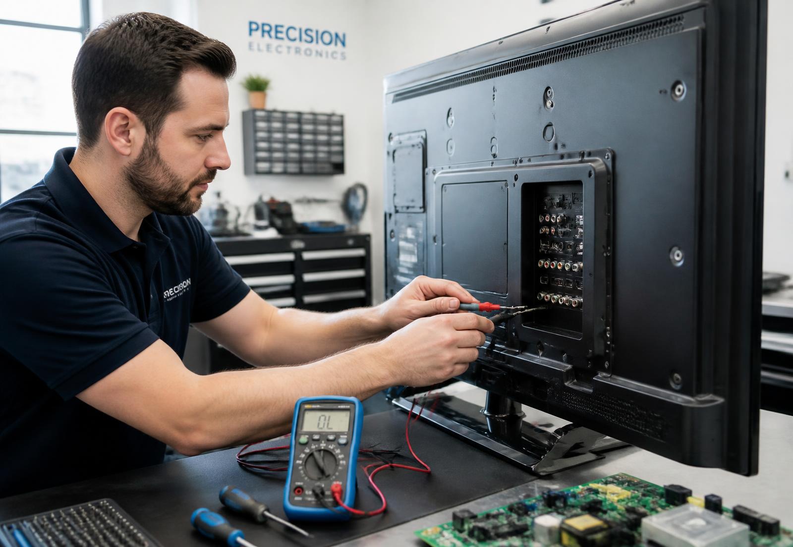 Technician testing the back panel of a television in a clean repair workshop